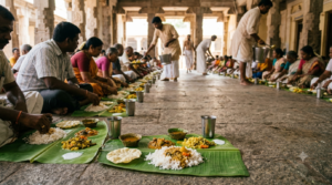 Meenakshi temple annadhanam donation with traditional vegetarian food served on a banana leaf