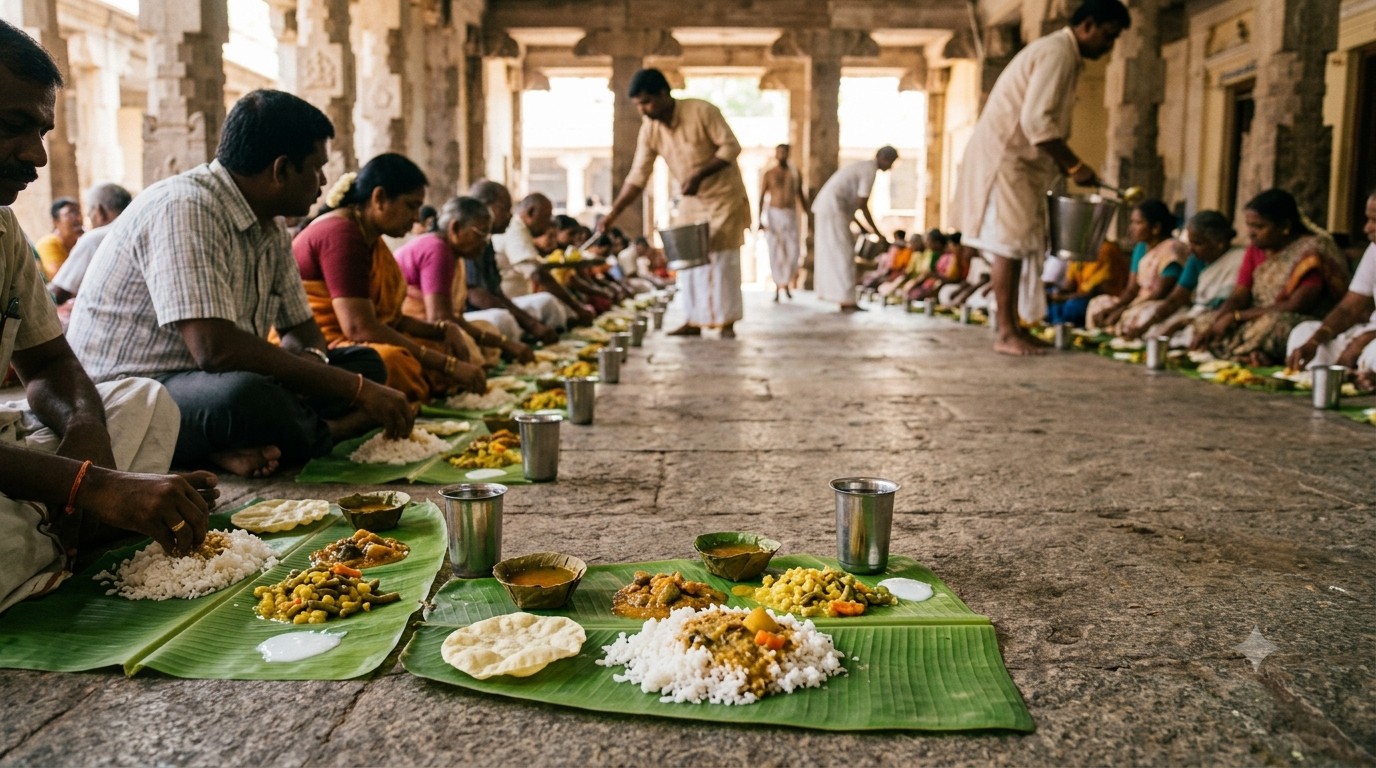 Meenakshi temple annadhanam donation with traditional vegetarian food served on a banana leaf