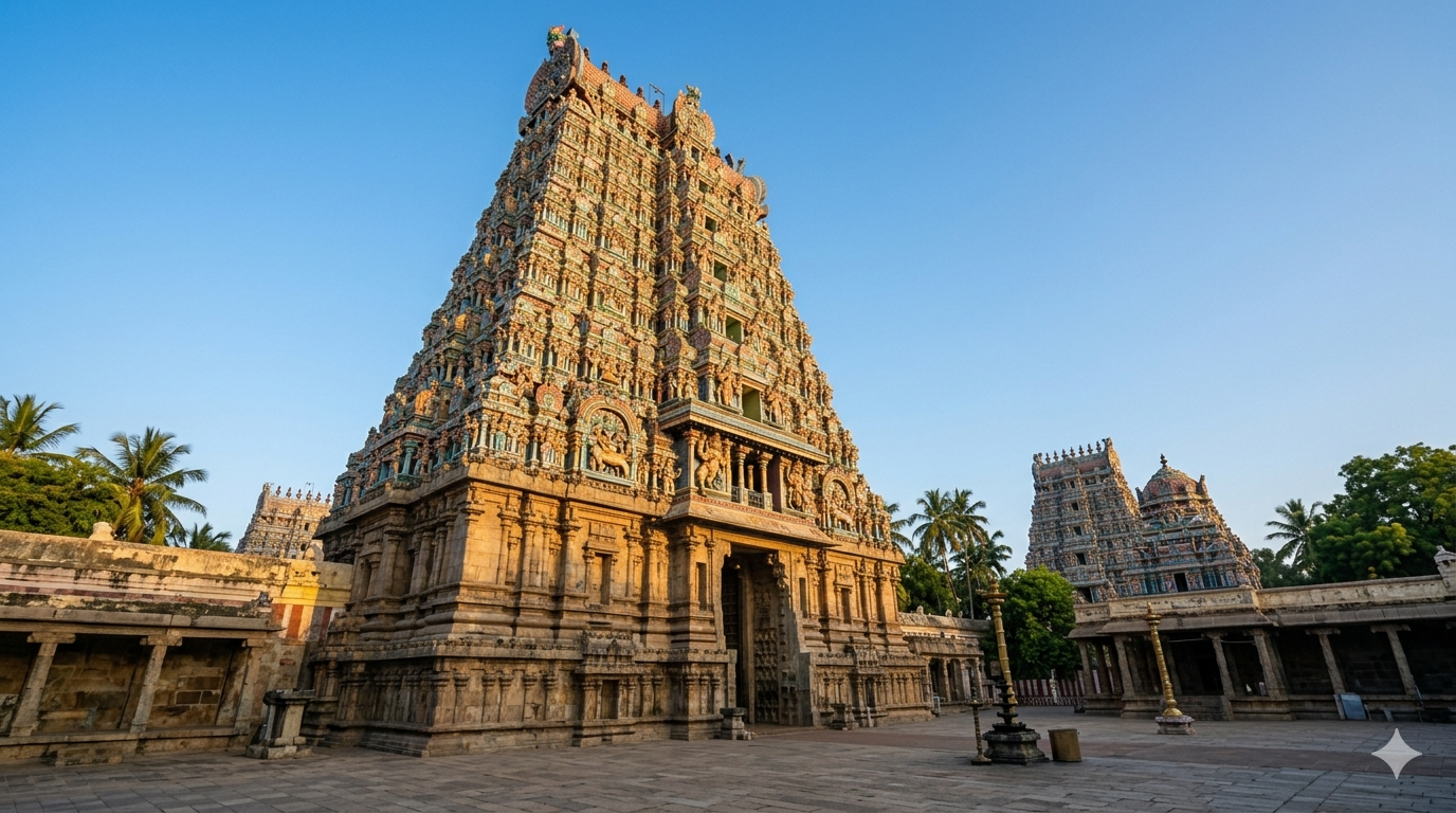 Meenakshi Temple entry fee guide: colourful Madurai gopuram towers against blue sky