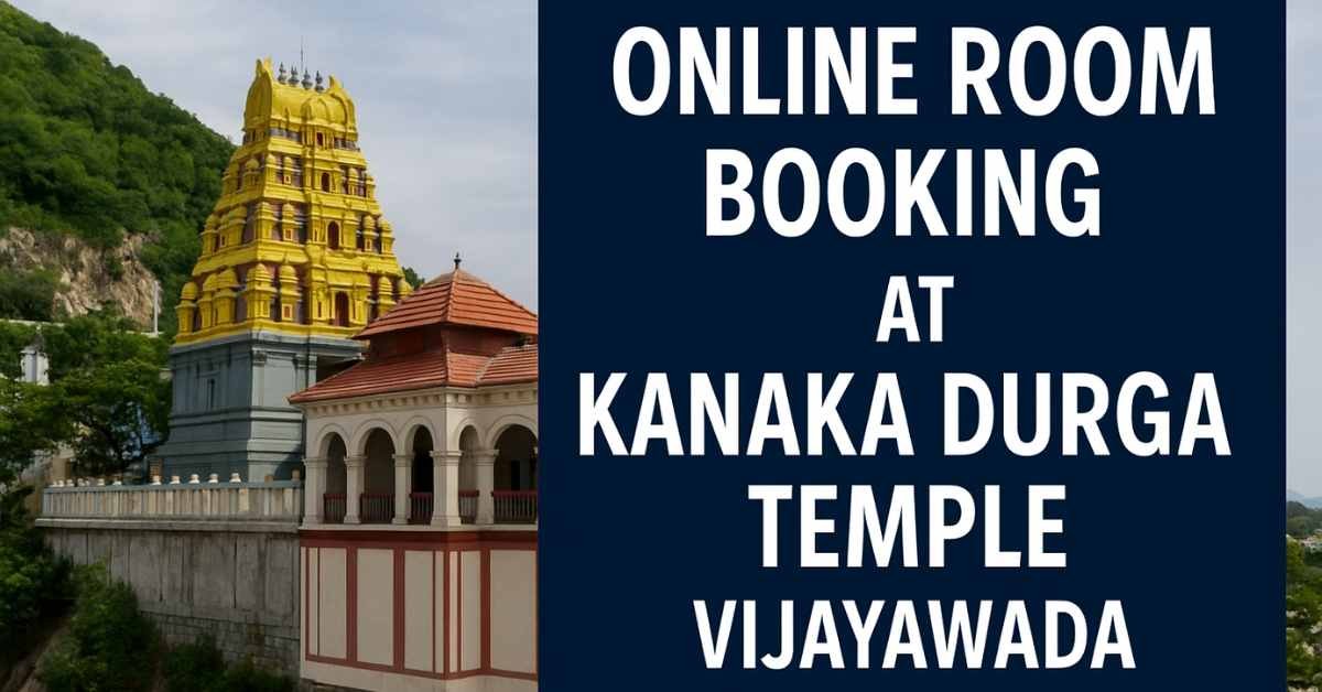 Online room booking at Kanaka Durga Temple in Vijayawada with view of temple gopuram