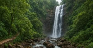 Talakona Waterfalls Entry Fee Opening Time surrounded by dense green forest with flowing stream and rocky pathway