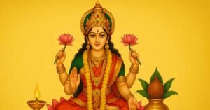 Traditional Telugu Gowri Tadiya Pooja Vratha Vidhanam illustration showing Goddess Gowri seated on lotus with pooja items in a 16:9 devotional artwork.