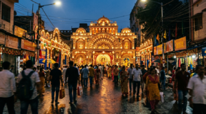 South Kolkata Durga Puja pandal glowing with lights and crowds near Gariahat during the festival