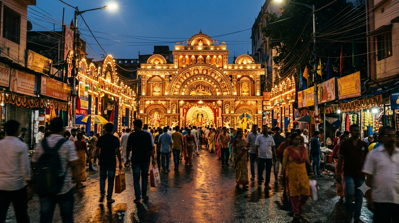 South Kolkata Durga Puja pandal glowing with lights and crowds near Gariahat during the festival