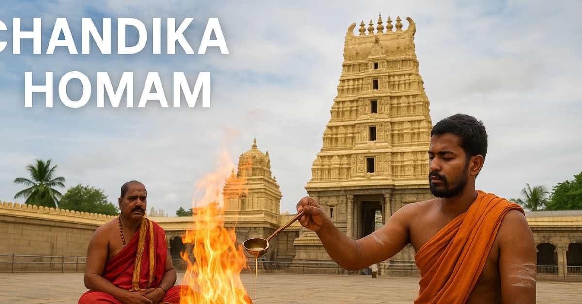 Chandika Homam Online Booking ritual performed by priests at Chamundeshwari Temple in Mysore with sacred fire