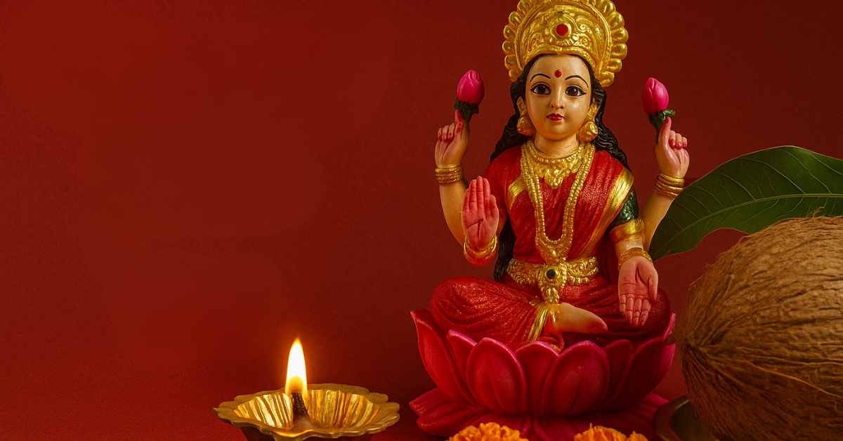 Lakshmi Devi idol with Diya and coconut setup for Deepavali Lakshmi Pooja on a red background