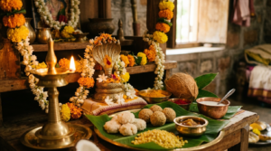Nagula Chavithi Pooja Vidhi altar with naivedyam, milk, lamp and Naga idol