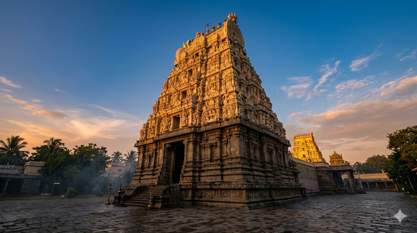 Kamakshi temple darshan timings guide - Kanchipuram temple gopuram at dawn
