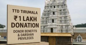 TTD Tirumala ₹1 Lakh Donation At Tirumala temple gopuram with TTD ₹1 lakh donation benefits sign