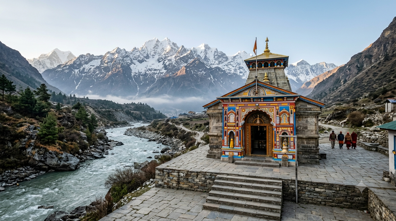 Badrinath Temple painted facade and arched gateway below snow-capped Neelkanth peak