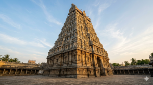Chidambaram Nataraja temple timings guide showing the carved gopuram tower at darshan time
