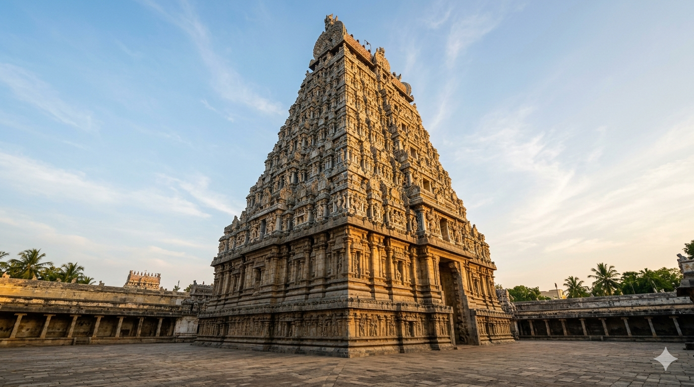 Chidambaram Nataraja temple timings guide showing the carved gopuram tower at darshan time