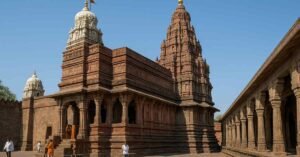 Grishneshwar Temple exterior with red stone shikhara and devotees in the courtyard