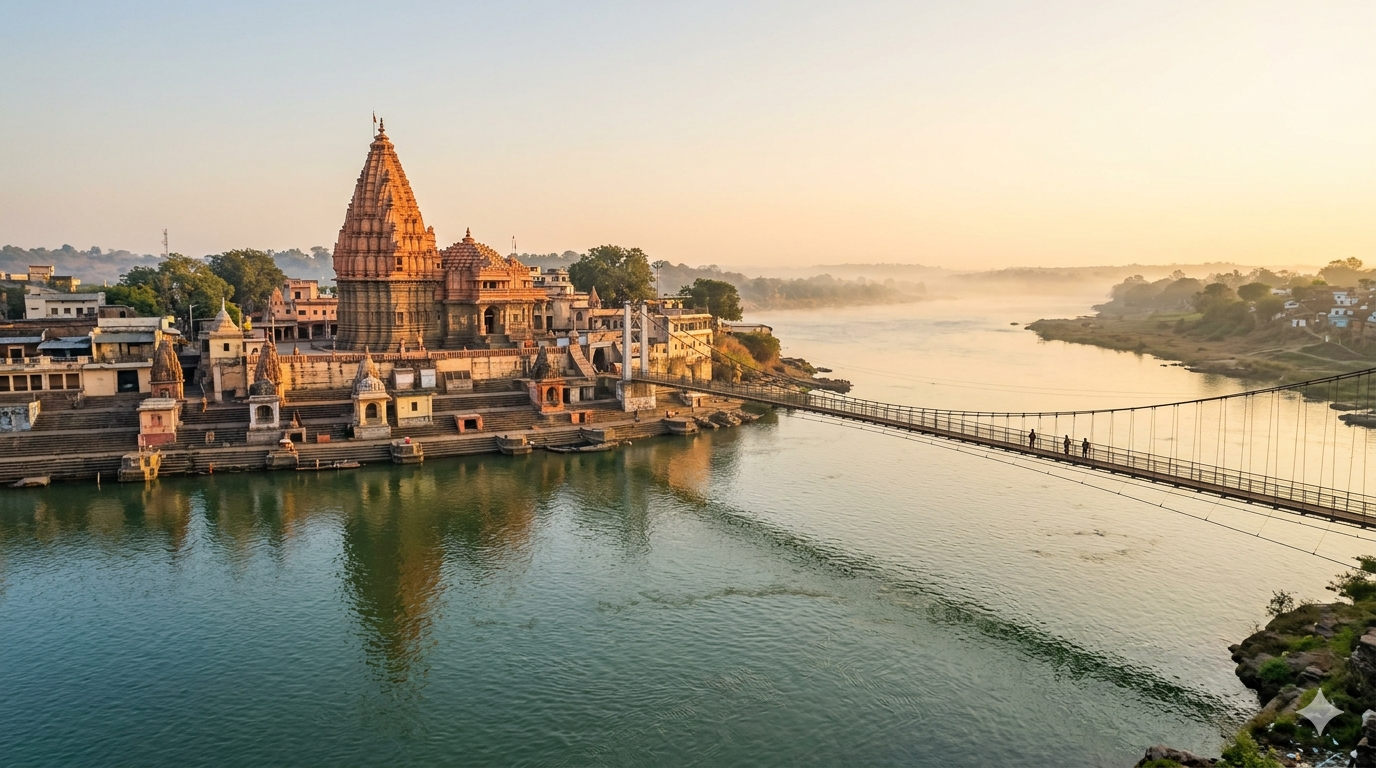 Omkareshwar special darshan booking site: the Jyotirlinga temple on Mandhata Island, Narmada River