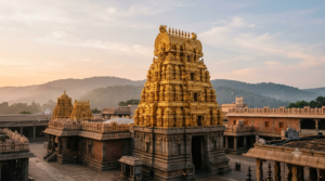 Parakamani Seva booking at Tirumala — gold gopuram of Sri Venkateswara Swamy Temple at sunrise