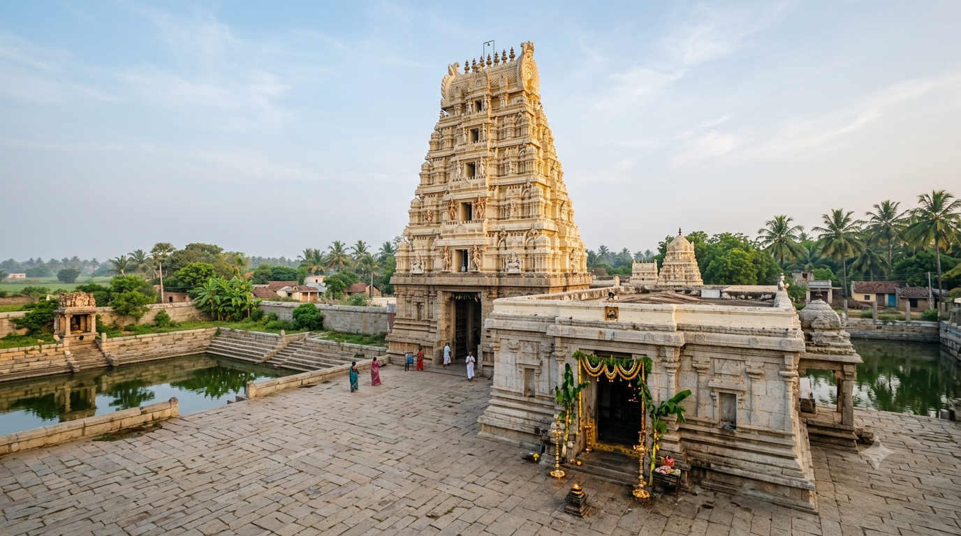 Kanipakam VIP darshan booking guide – South Indian Ganesha temple gopuram and stone courtyard