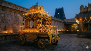 Mantralayam golden chariot, the gilded Suvarna Rathotsavam, outside the Raghavendra Swamy Brindavana at dusk