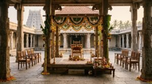 Tiruchendur temple marriage booking guide showing a traditional wedding hall with floral decorations
