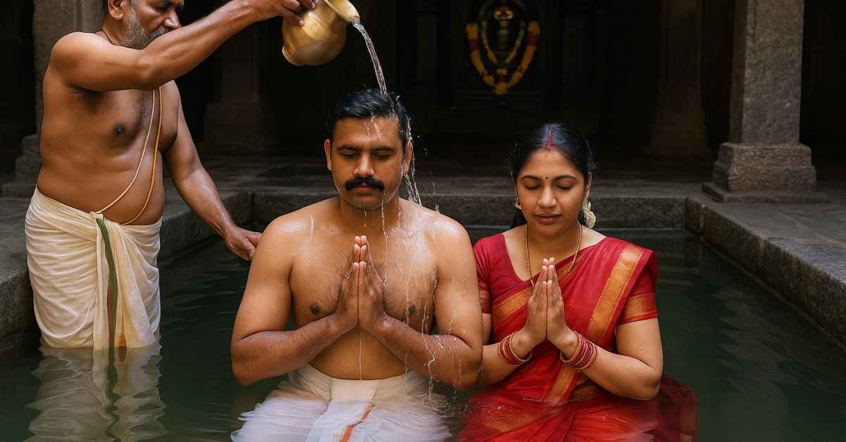 Hindu couple performing Dampathi Pooja and sacred snanam ritual at Rameshwaram Temple with priest pouring holy water.