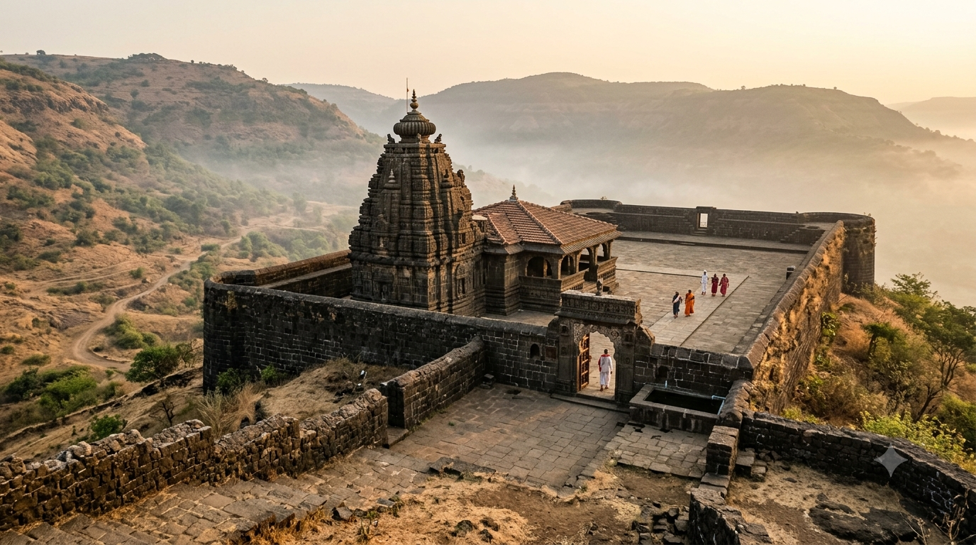 Tuljapur VIP darshan booking guide – Shri Tuljabhavani Temple stone shrine and Mahadwar gate at dawn