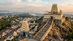 Swamimalai Temple Abhishekam Timings – hilltop Dravidian gopuram and stone steps at Swamimalai Murugan shrine