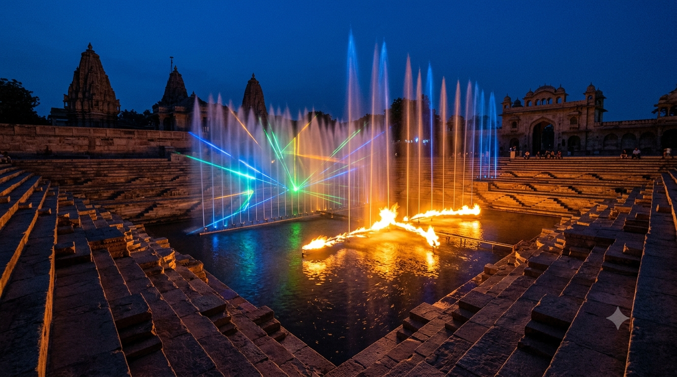 Akshardham Gandhinagar water show with water jets and lasers over a stepwell amphitheatre at dusk