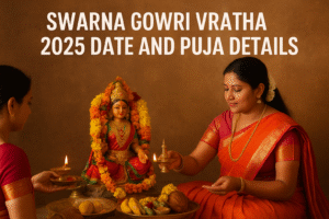 Swarna Gowri Vratha 2025 Date Puja with Goddess Gowri idol and Bagina exchange