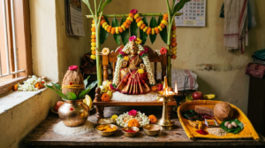 Swarna Gowri Vratha 2026 home altar with turmeric Gowri idol, kalasha, flowers and bagina winnow