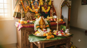 Swarna Gowri Vratha 2026 traditional Gowri Habba puja with turmeric, flowers and brass lamps