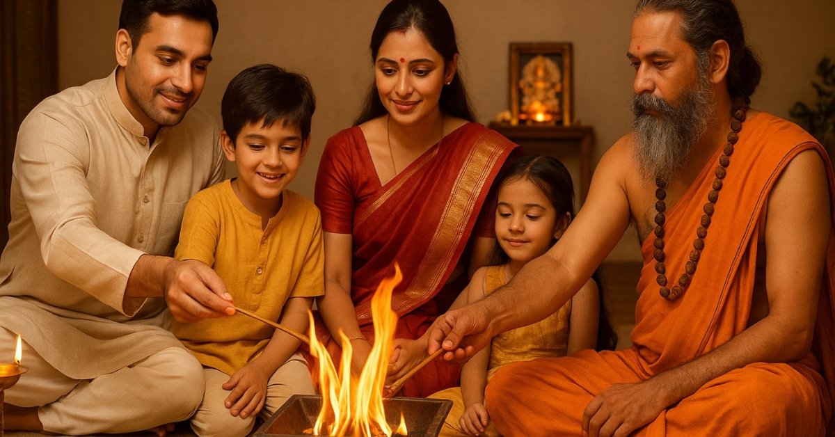 Modern family performing Benefits of Homa ritual for peace and prosperity