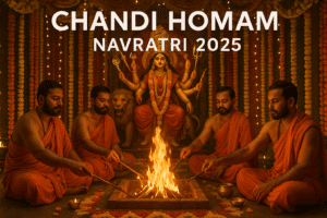 Priests performing Chandi Homam for protection and prosperity at Sri Vyasa Pooja, Tirupati