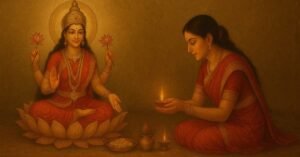 Goddess Diwali Lakshmi Puja blessing a devotee performing Lakshmi Puja during Dhanteras and Diwali in a traditional Vedic-style setting, symbolizing wealth and prosperity.