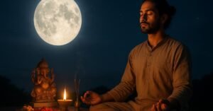 Devotee meditating under the full moon with Vedic Puja setup for spiritual clarity