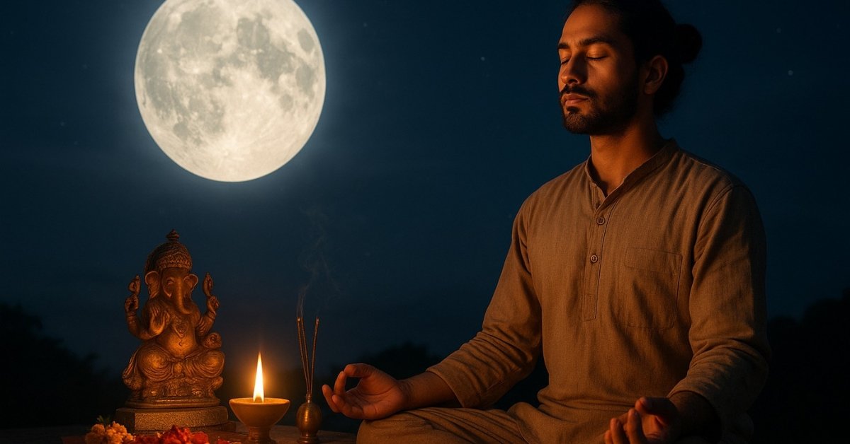 Devotee meditating under the full moon with Vedic Puja setup for spiritual clarity