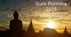 A serene silhouette of a guru against a golden sunrise, symbolizing Guru Purnima 2025.
