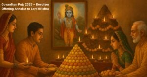 Devotees offering Annakut during Govardhan Puja 2025 celebration