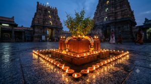 Karthika Masam 2026 earthen deepam lamps lit around a Tulasi plant at dusk