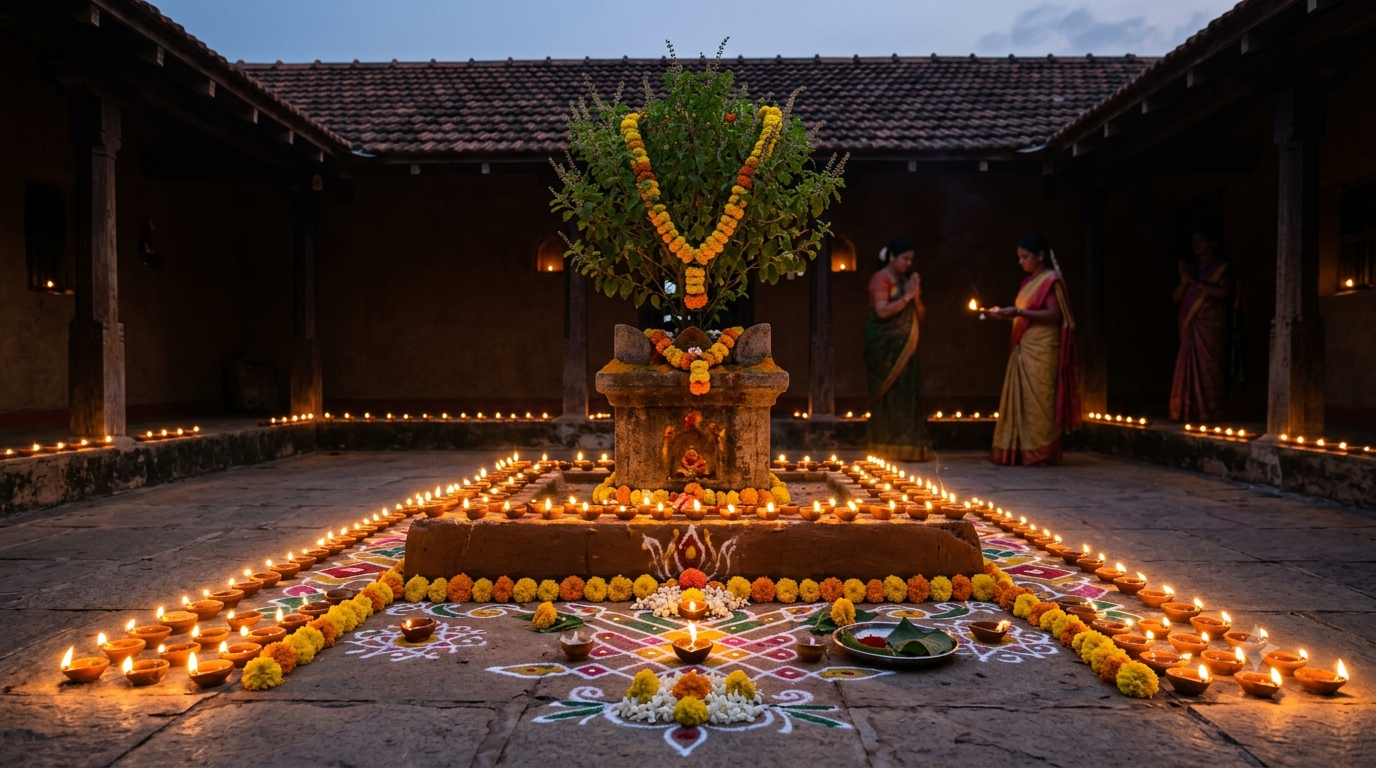 Karthika Masam 2026 deepam lighting around a Tulasi plant