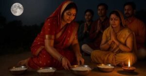 Sharad Purnima 2025 celebration with devotees offering kheer under full moonlight for Goddess Lakshmi’s blessings.