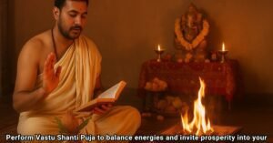Priest performing Vastu Shanti Puja with Kalash, fire ritual, and Vedic mantras for home peace
