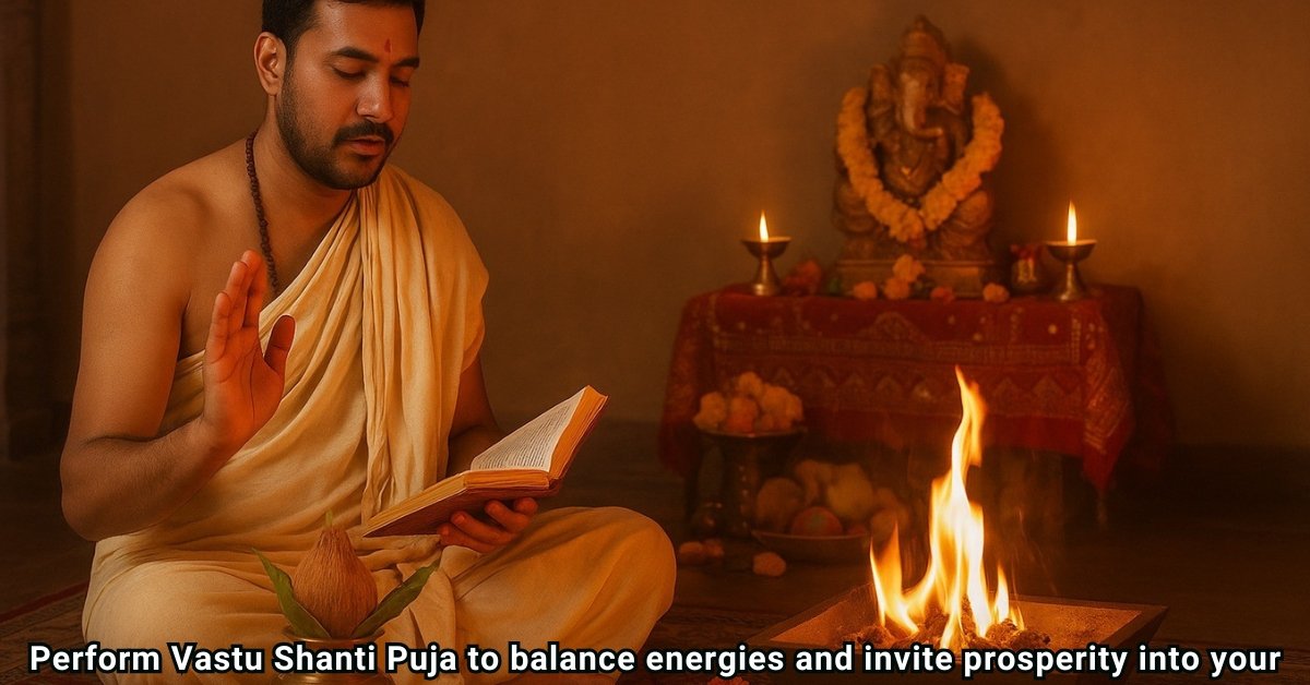 Priest performing Vastu Shanti Puja with Kalash, fire ritual, and Vedic mantras for home peace