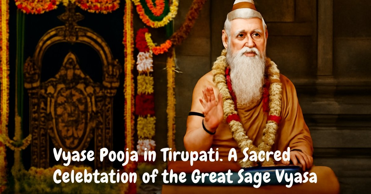 Sage Vyasa statue decorated with flowers during Vyasa Pooja at Tirupati temple