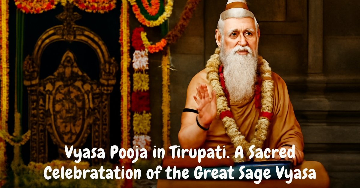 A serene image of the statue of Sage Vyasa in Tirupati, adorned with floral garlands, signifying Vyasa Pooja, a sacred ritual to honor the great sage.