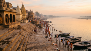 Yamuna Pushkaram 2026 dawn snan at a North Indian river ghat with stone steps