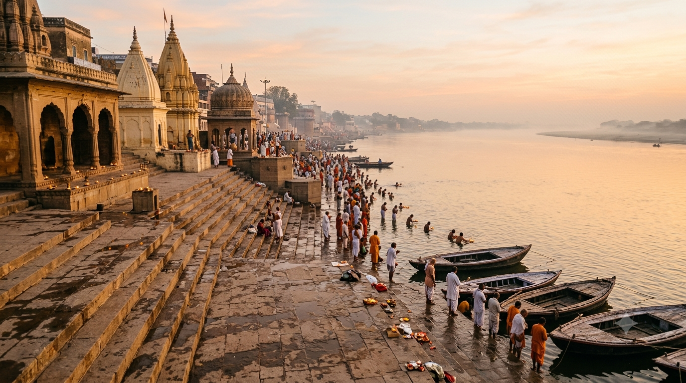 Yamuna Pushkaram 2026 dawn snan at a North Indian river ghat with stone steps