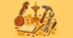 Ayudha Puja 2025 decorated tools and lamp