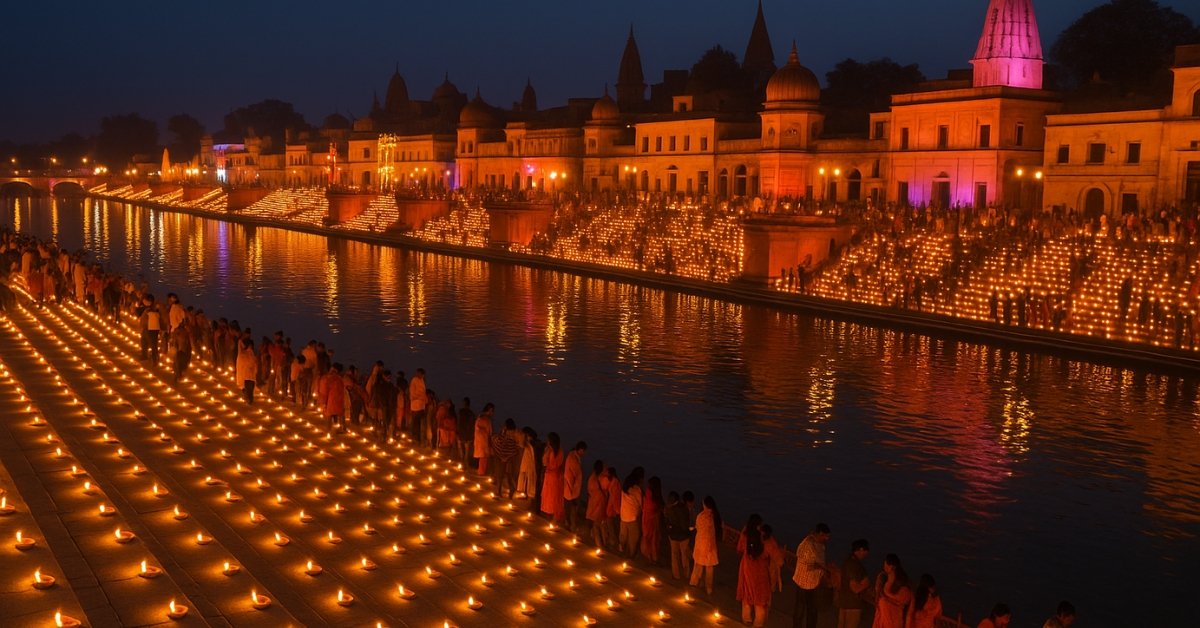 Ayodhya Deepotsav 2025 – Millions of diyas illuminating the Saryu River ghats at twilight