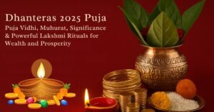 Dhanteras 2025 Puja setup with Kalash, gold coins, and diya — symbolizing Lakshmi rituals for wealth and prosperity.