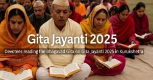 Gita Jayanti 2025 – devotees reciting Bhagavad Gita verses in Kurukshetra.