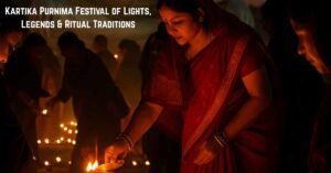 Kartika Purnima 2025 — Devotees lighting lamps before a Shiva idol during the Festival of Lights
